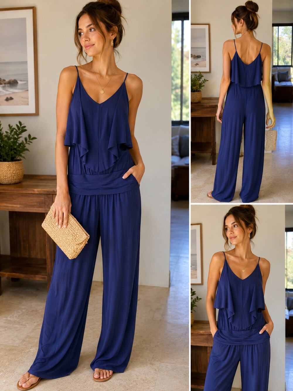 Tart Navy Blue Wide Leg Ruffle Jumpsuit Women’s Medium Boho Chic